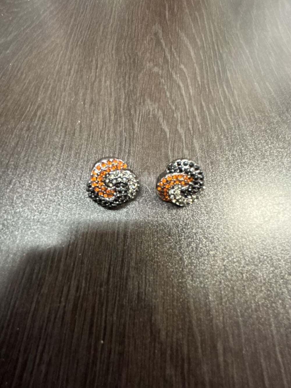 Monet Orange and Black Crystal Clip Earrings Gunmetal Tone Swirl